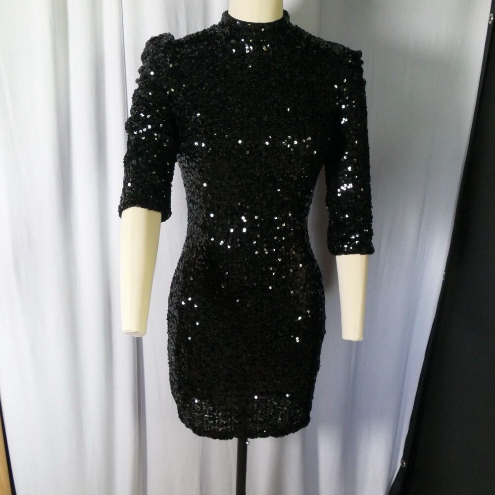 Cover Story Black Sequin Bodycon Mini Dress S Mock Neck Puff Sleeve Homecoming